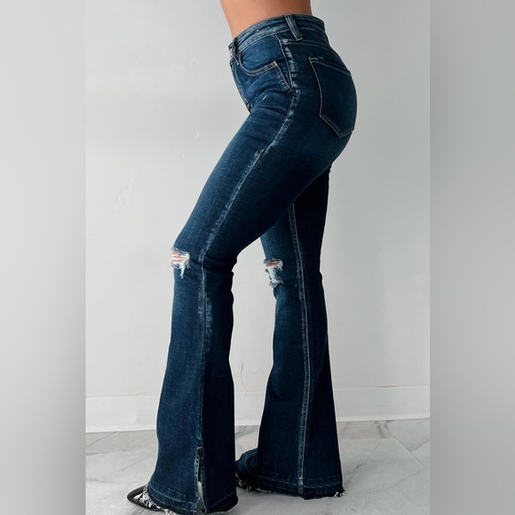 New KanCan Flare Jeans Dark Wash Side Slit High Rise Release Hem - Picture 3 of 6